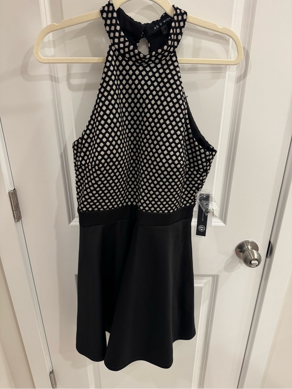 NWT As U Wish Metallic Silver Black Halter Skater Dress Size L